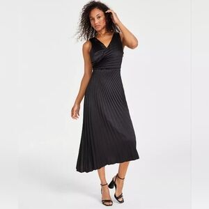 Sam Edelman Women's Black Pleated Surplice Satin A-Line Midi Dress Size 10 NWT